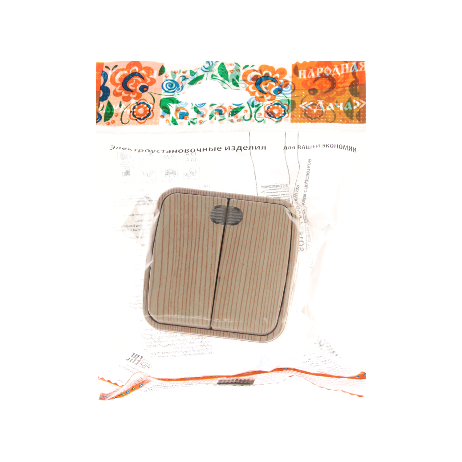 Выключатель Дача ОП 2кл. сосна с подсветкой 10А Народная SQ1824-0054