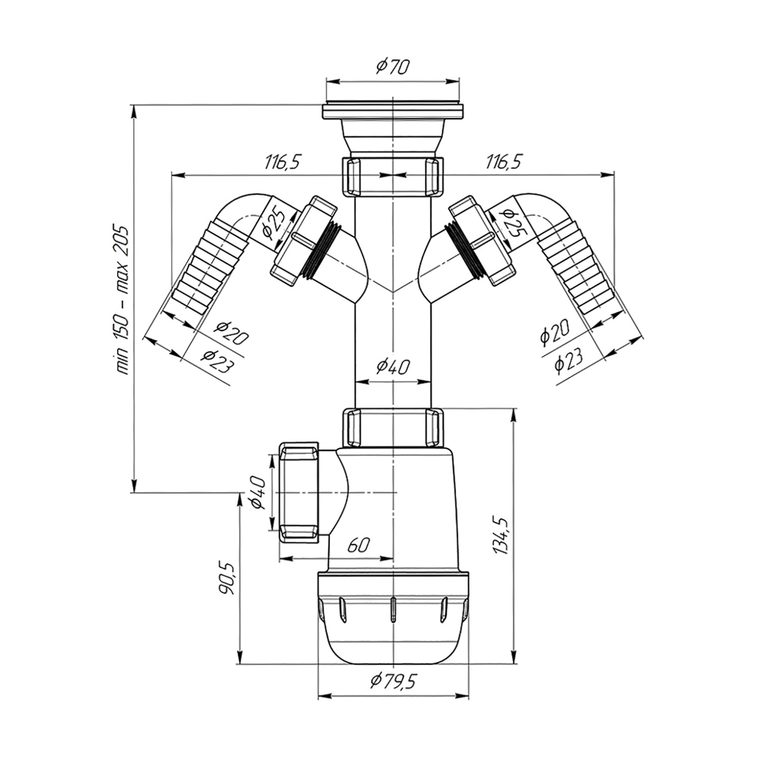 Сифон бутылочный 1 1/2"*40 с двумя отводами АНИ ГРОТ А1100 *1/35