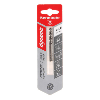 Сверло по металлу 3,00*61/33мм HSS-G P6M5 (2шт) блистер арт.675030 DYNAMIC RENNBOHR *10/40/640