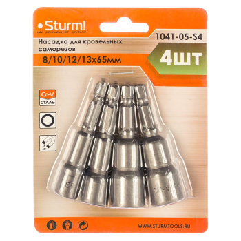 Ключ-насадка для кров.саморезов  8/10/12/13х65мм (набор) магнитная 1/4" (1041-05-S4) Sturm *1/10/50 Ключ-насадка для кров.саморезов  8/10/12/13х65мм (набор) магнитная 1/4" (1041-05-S4) Sturm *1/10/50