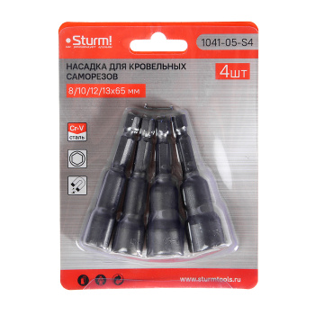 Ключ-насадка для кров.саморезов  8/10/12/13х65мм (набор) магнитная 1/4" (1041-05-S4) Sturm *1/10/50 Ключ-насадка для кров.саморезов  8/10/12/13х65мм (набор) магнитная 1/4" (1041-05-S4) Sturm *1/10/50