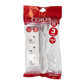 Удлинитель Союз 481S-0303, 3 розетки, 3 м, б/з, 6А, 1300 Вт, 2х0.75 мм², ШВВП, белый